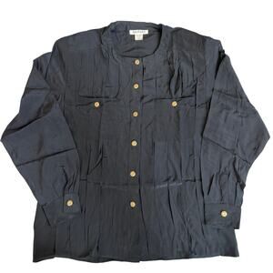 Vintage Ann Taylor Black, Gold Buttons, Pleated, Button Up Long Sleeve Blouse-10